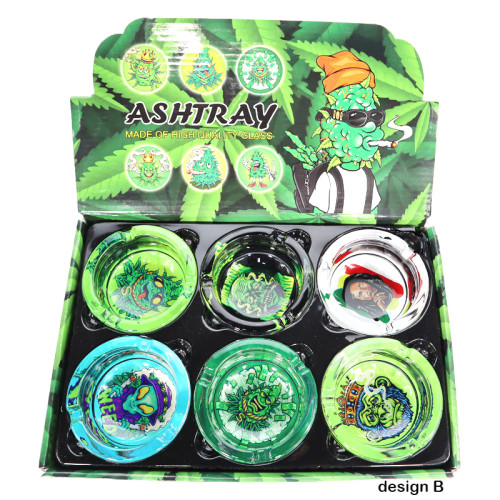 3.5 INCH GOOD BUDS ROUND GLASS ASHTRAY 6CT/DISPLAY - ASSORTED DESIGN